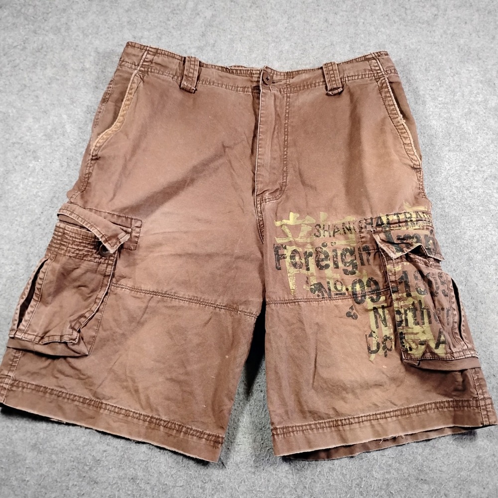 Champs Sports Y2K Cargo Shorts Mens 32 Brown Graphic Spellout Military Cotton